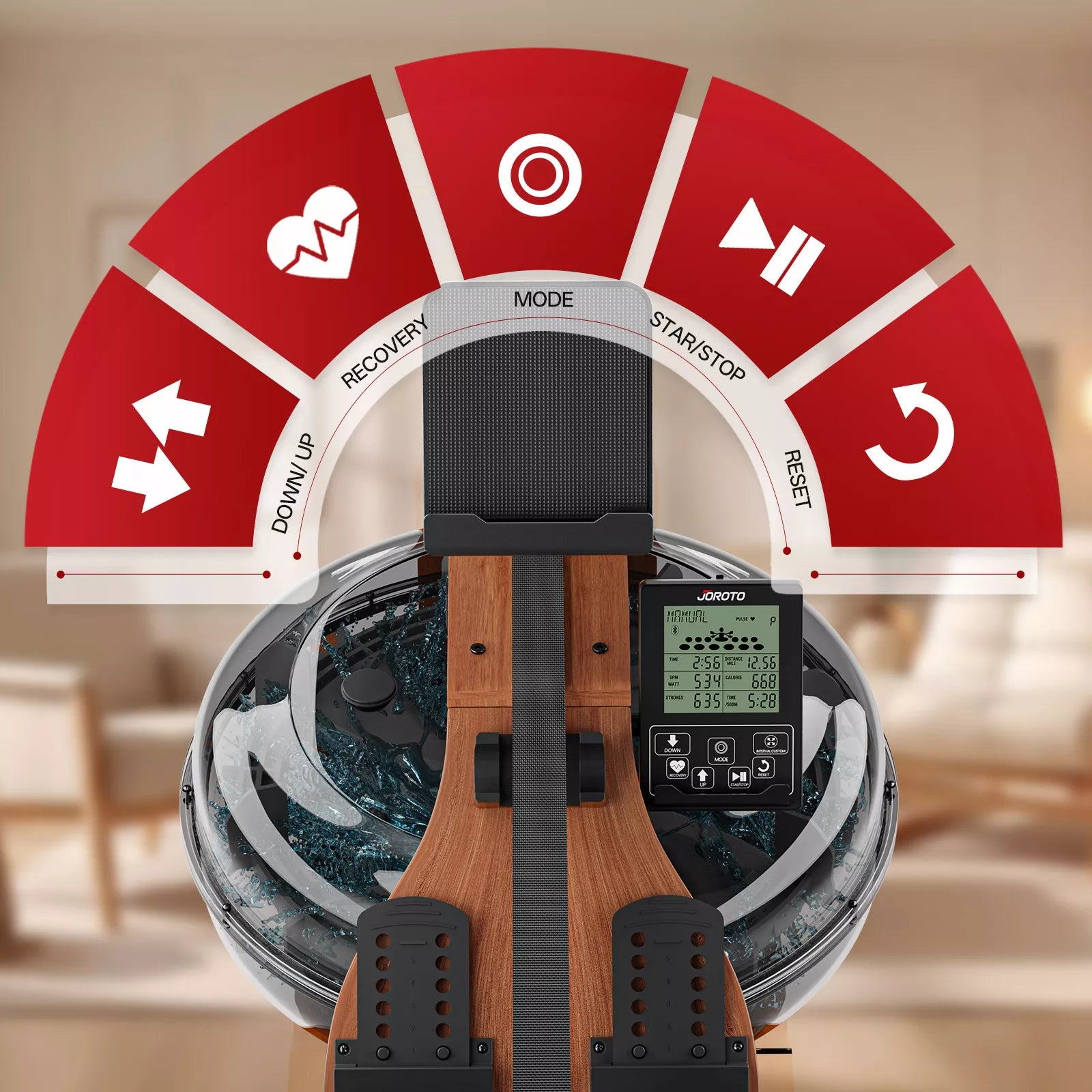 Rameur à eau JOROTO MR380 – Réservoir agrandi de 28 L & bois noble certifié FSC