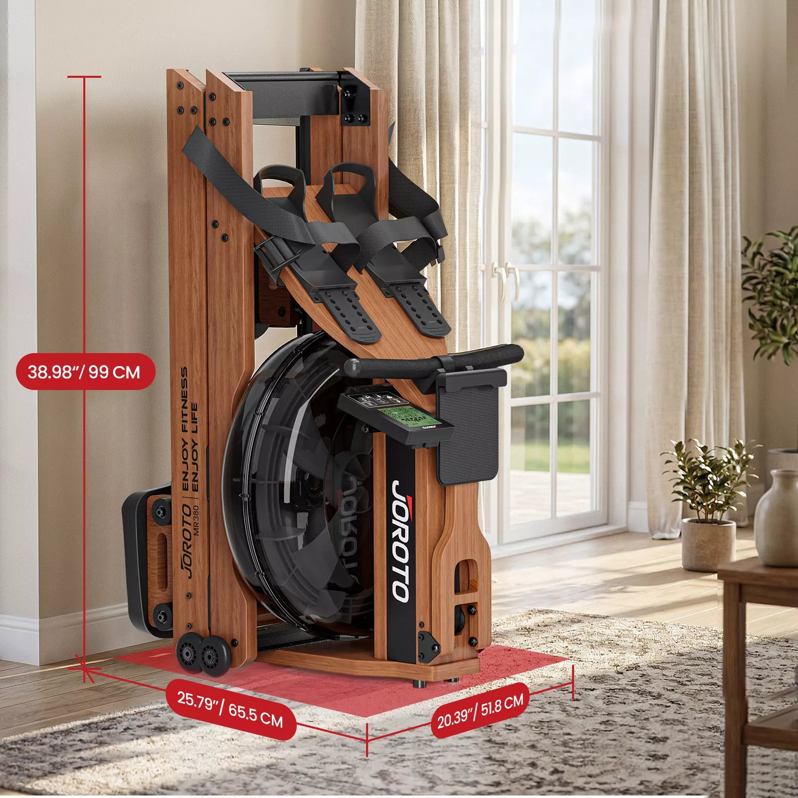 Rameur à eau JOROTO MR380 – Réservoir agrandi de 28 L & bois noble certifié FSC