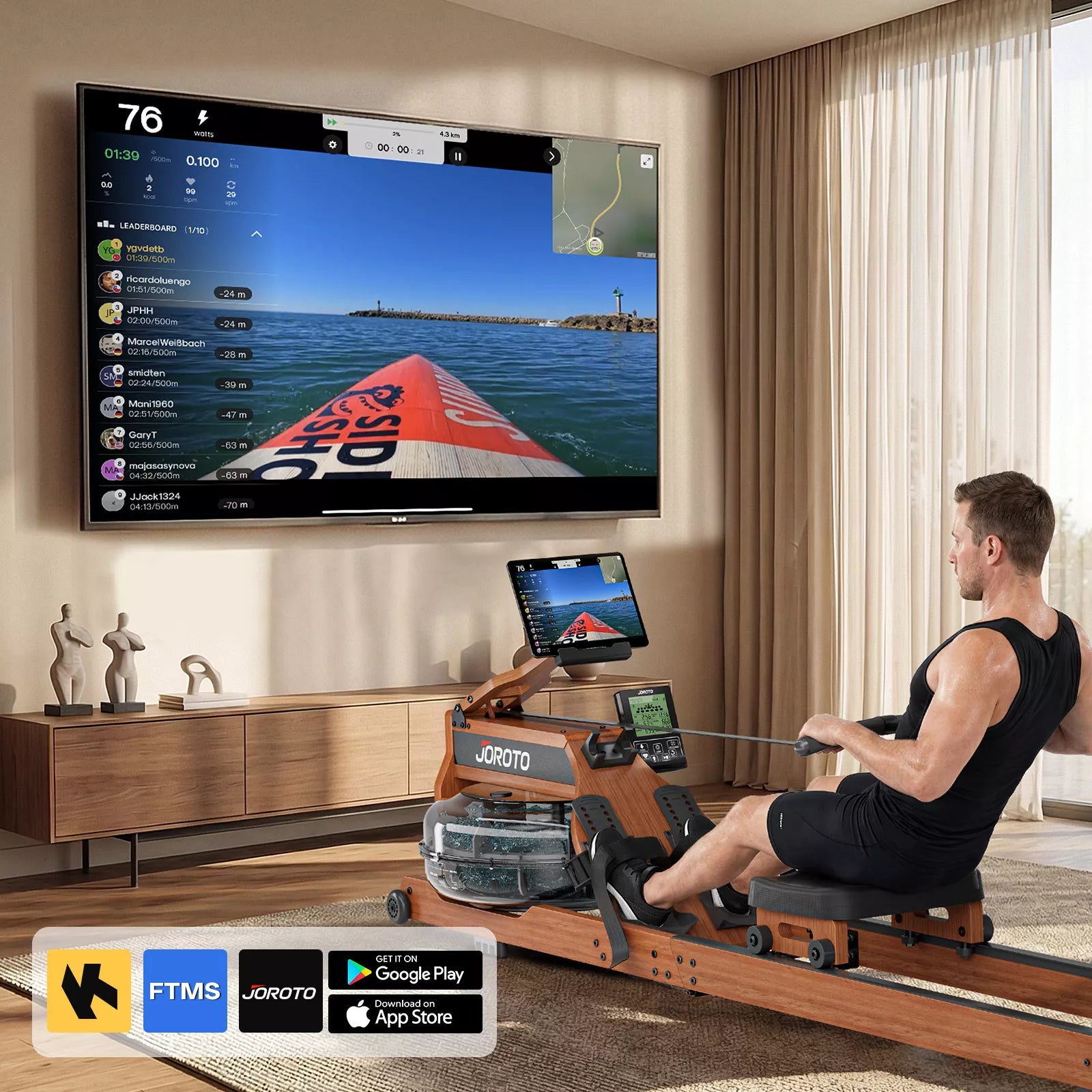 Rameur à eau JOROTO MR380 – Réservoir agrandi de 28 L & bois noble certifié FSC