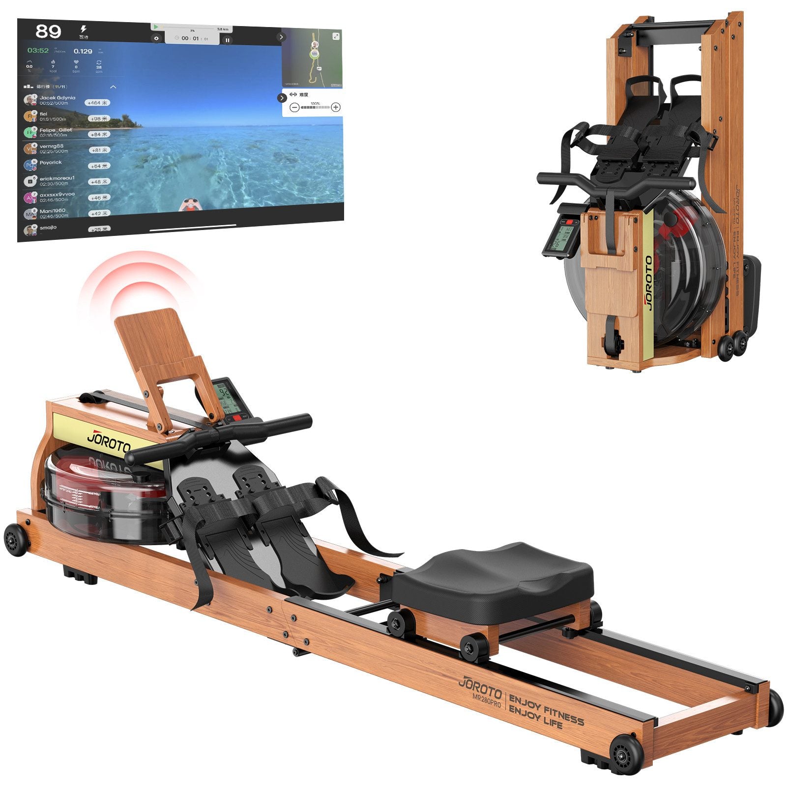 JOROTO MR280PRO Water Rower – FSC Oak & Foldable for Home, Apartment & Cardio