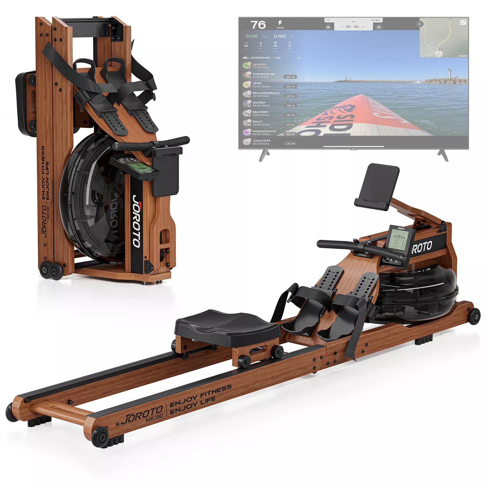 Rameur à eau JOROTO MR380 – Réservoir agrandi de 28 L & bois noble certifié FSC