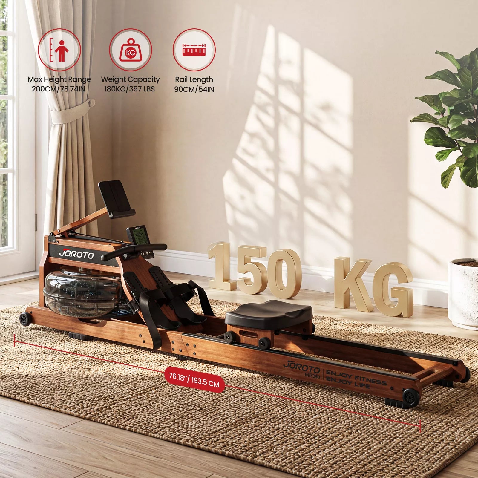 Rameur à eau JOROTO MR380 – Réservoir agrandi de 28 L & bois noble certifié FSC