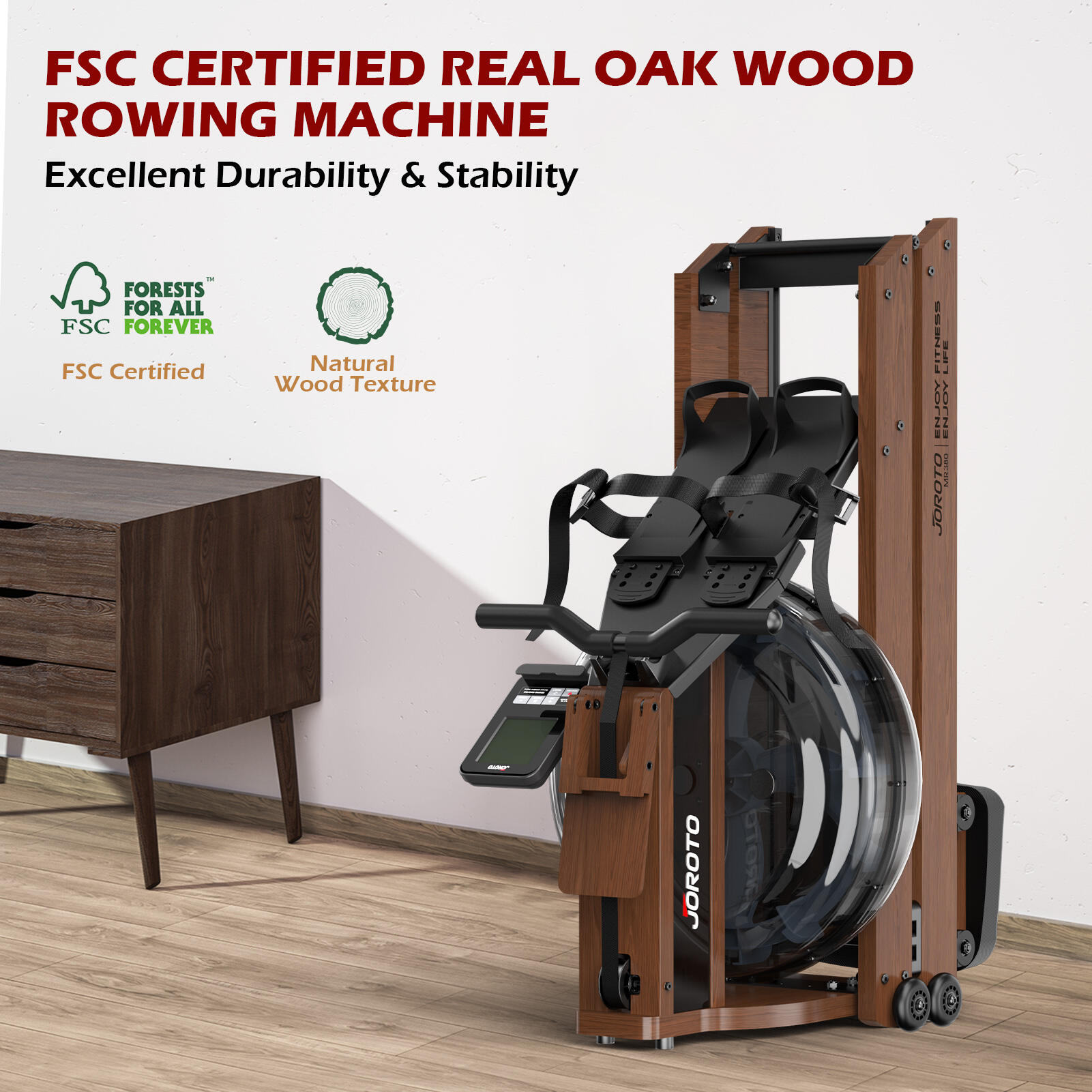 JOROTO MR380C Wasser-Rudergerät aus Hartholz – Rudergerät fürs Home-Gym aus FSC-zertifiziertem Holz