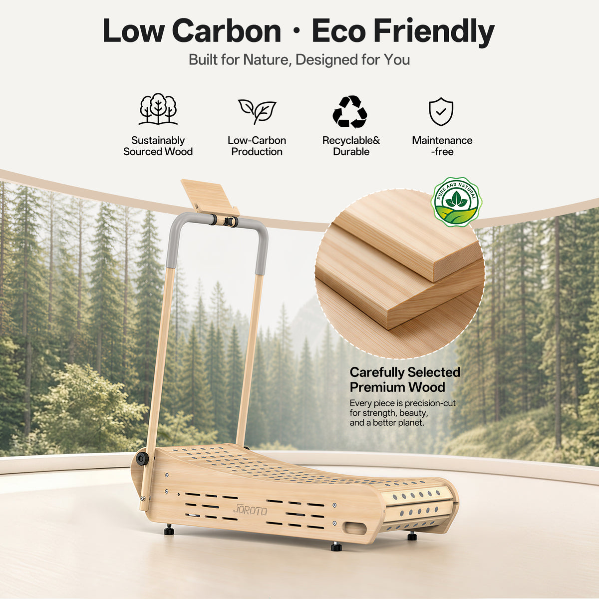 A low-carbon wooden treadmill shown in a bright indoor setting with a forest window backdrop. The product has a light natural wood deck, a gray handlebar, and black feet.
